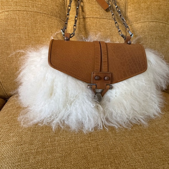Mongolian Lamb Fur & Leather Shoulder Purse Handbag Chain Strap Statement - Picture 9 of 10